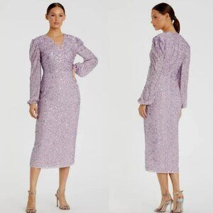 Mac Duggal Sequined V-Neck Long Sleeve Midi Dress Lavender Lilac 107641